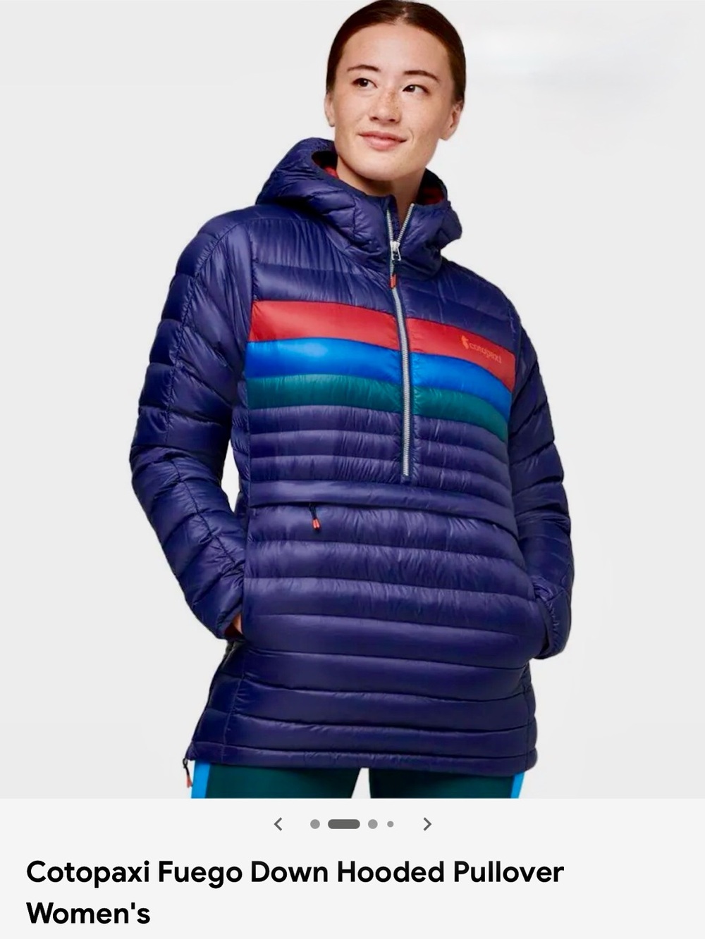 Cotopaxi Fuego Down Hooded Pullover Blue & Red, Woman’s L, Like New